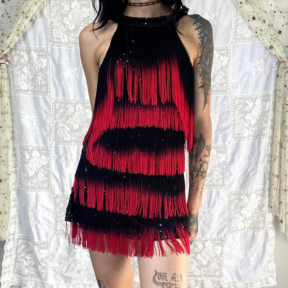 Weissman Dresses & Skirts - Red Black Ombre Fringe Flapper Dress Sequin Halter Gatsby Latin Dance Sz S/M